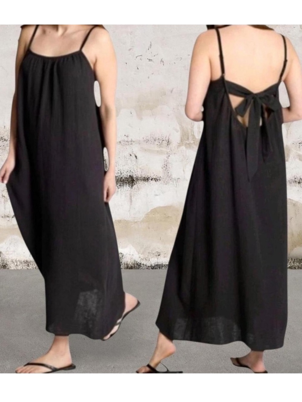 SIZE M/L Black Sol Angeles Tie-Back Maxi Gauze Dress - Casual Spaghetti Strap